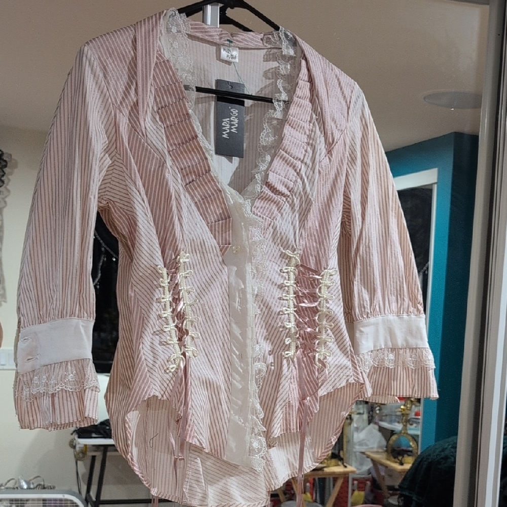 Mara Margo Women's Pink and White Lace-Up Blouse